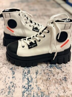 Palladium White and Black Platform Lug-Sole High-Top Sneakers